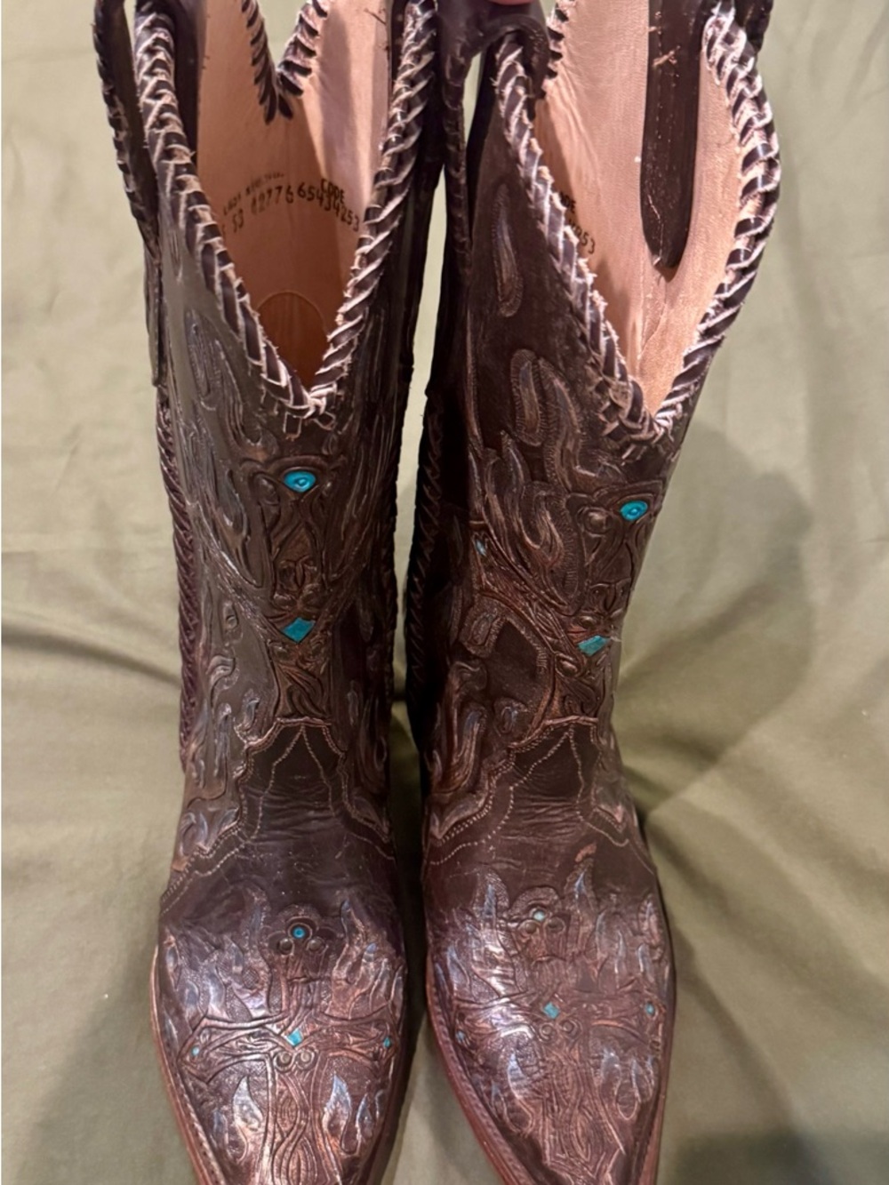 Classic Brown Embossed Leather Heeled Boots with Turquoise Accents
